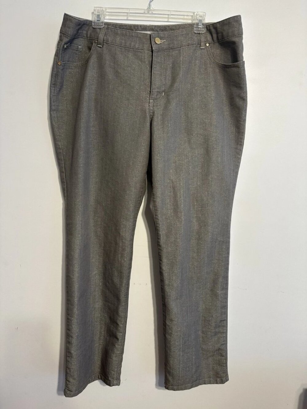 Chico’s Platinum Denim Gold Jeans 3.5  Or 18R  Sparkle Straight Dressy Glam